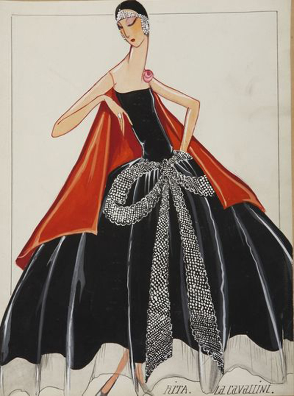 « La Cavallini », robe du soir, 1925. Taffetas noir décoré d’un nœud brodé de fil argenté, de perles, strass et perles fines. Patrimoine Lanvin © Katerina Jebb, 2014