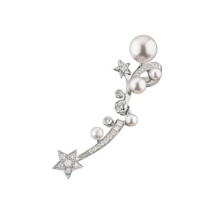 Shooting star single earring in 18k white gold, pearls and diamonds
